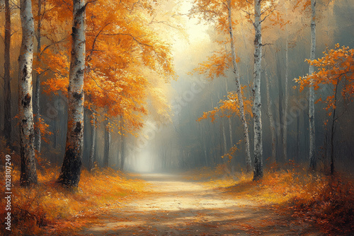 A painting of a forest with trees in autumn colors