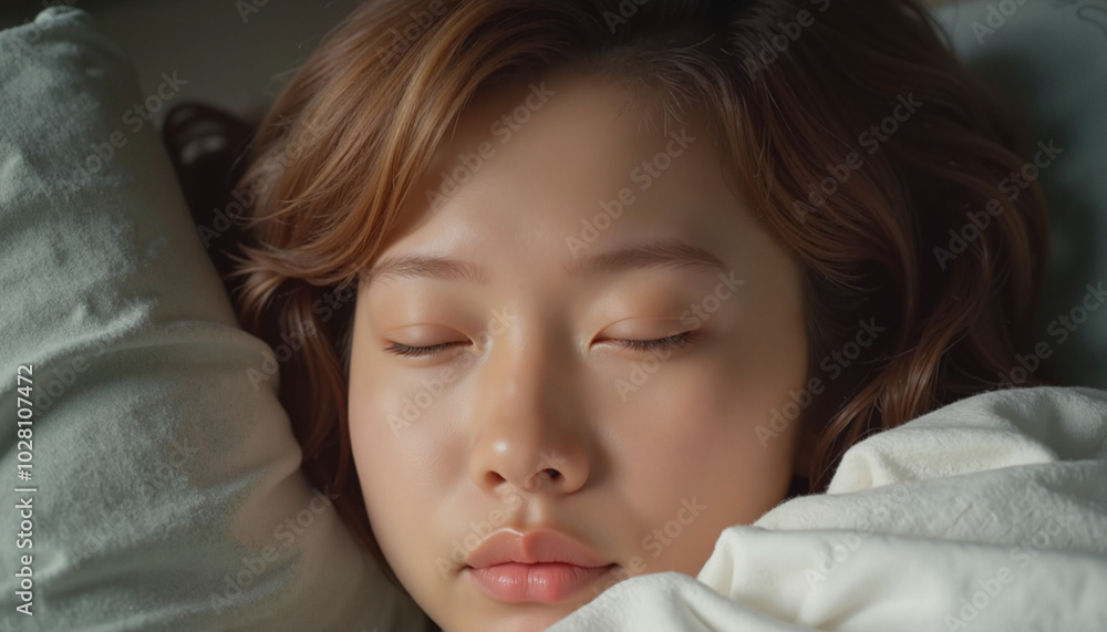 Young woman peacefully sleeping under soft white blanket with serene expression, Winter fatigue, Winter exhaustion, Lack of energy, Sleepy eyes Young woman peacefully sleeping under soft white blanket with serene expression, Winter fatigue, Winter exhaustion, Lack of energy, Sleepy eyes
