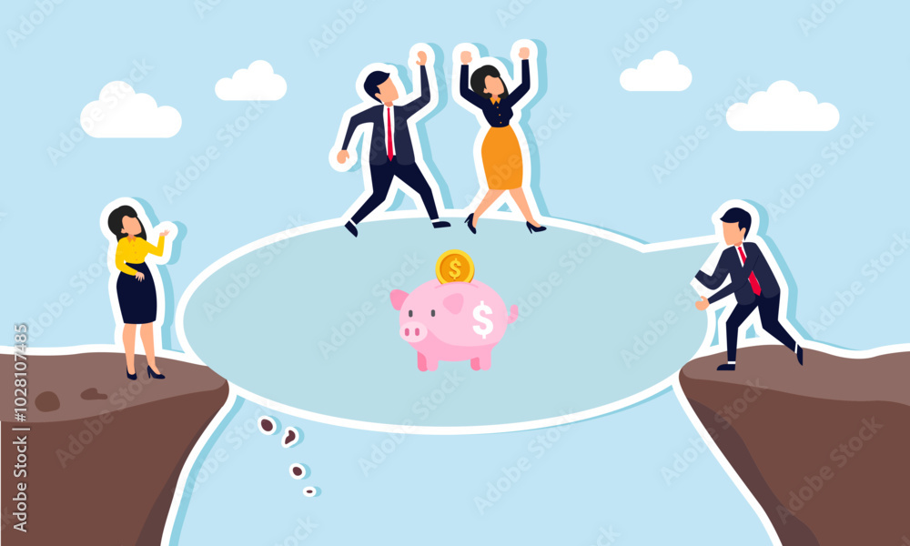 A businessman talking about a piggy bank on the edge of a cliff while another businessman climbs his dialogue box, illustrating survival from bankruptcy due to investments A businessman talking about a piggy bank on the edge of a cliff while another businessman climbs his dialogue box, illustrating survival from bankruptcy due to investments