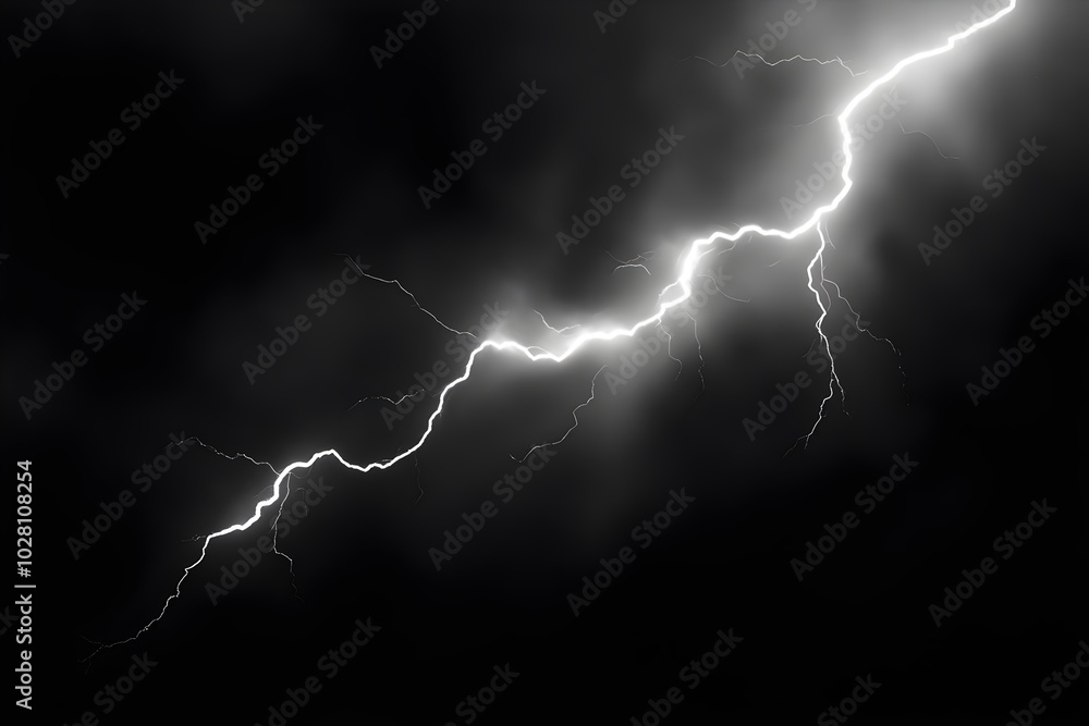 White bolt of lightning flashing through dark stormy sky background for energy, power, danger concept White bolt of lightning flashing through dark stormy sky background for energy, power, danger concept