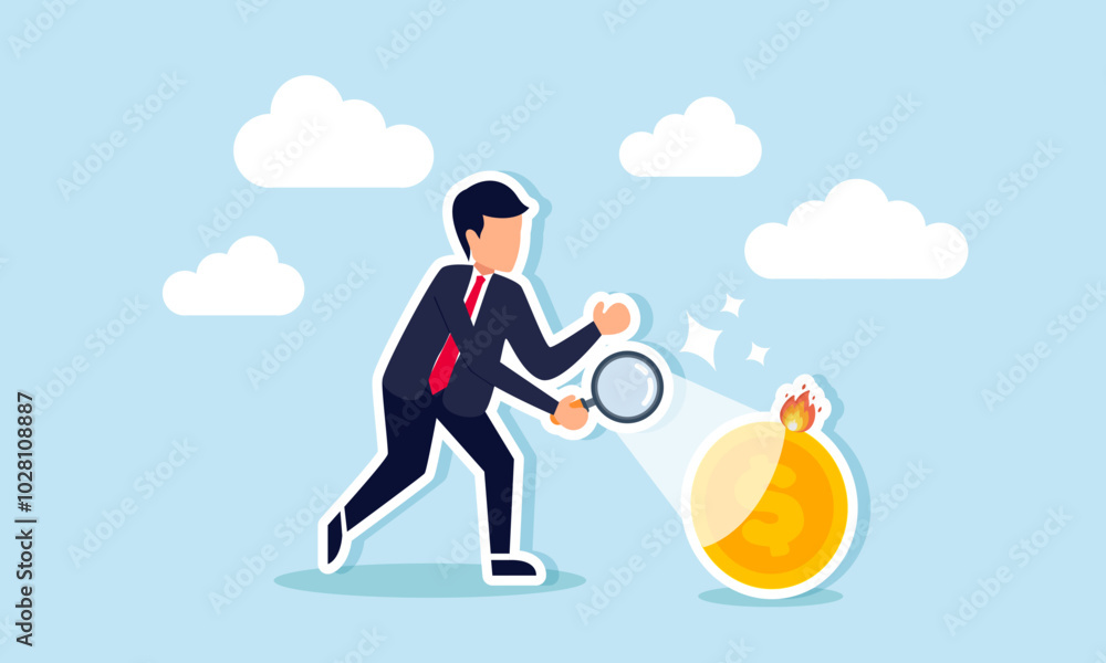 A businessman is burning a dollar coin using a magnifying glass, illustrating the concept of dollar inflation A businessman is burning a dollar coin using a magnifying glass, illustrating the concept of dollar inflation