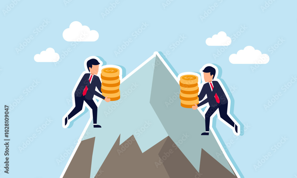 Two businessmen carrying stacks of coins are racing to the top of a mountain, illustrating the competition in accumulating company revenue and assets Two businessmen carrying stacks of coins are racing to the top of a mountain, illustrating the competition in accumulating company revenue and assets