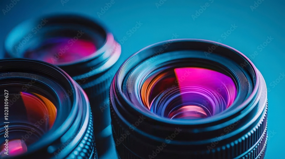 Close-up view of camera lenses with vibrant color reflections Close-up view of camera lenses with vibrant color reflections