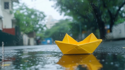 Yellow paper boat floating on a rain-soaked street in the city