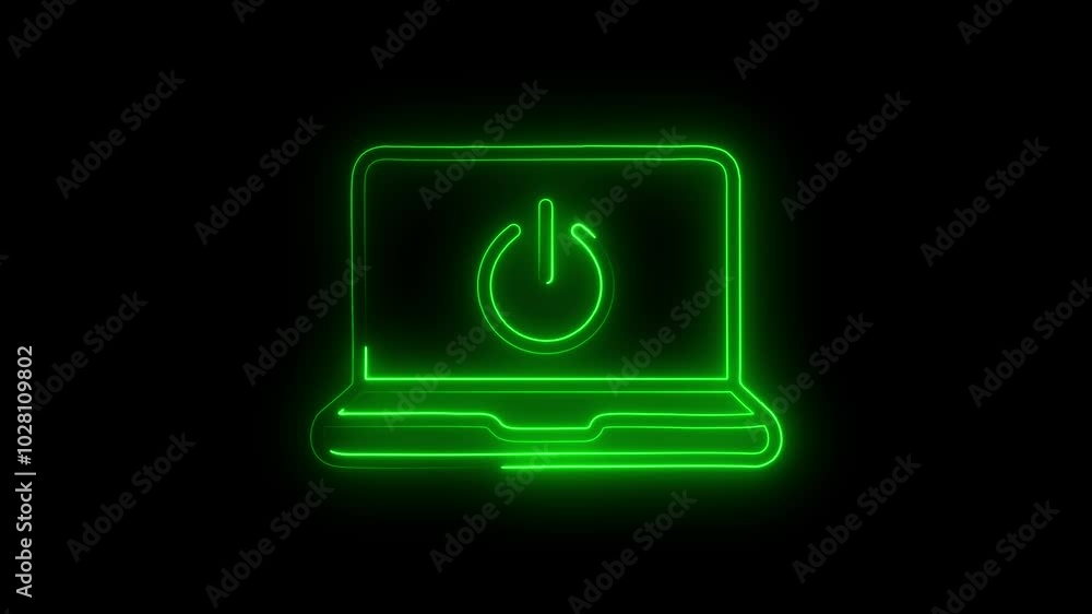 Neon glow laptop with power button icon animation. Laptop battery charging status indicator concept. Neon glow laptop with power button icon animation. Laptop battery charging status indicator concept.