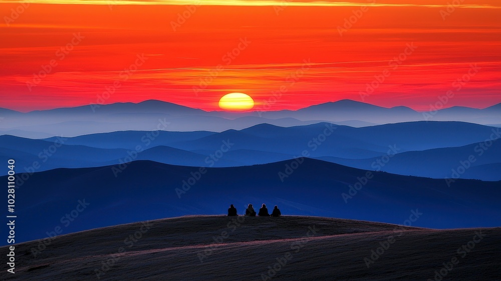 Serene sunset over mountains with friends enjoying the view Serene sunset over mountains with friends enjoying the view