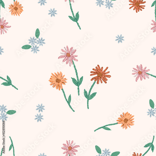 Pattern seamless flowers inspiration from embroidery .You can change the background color from the EPS file.