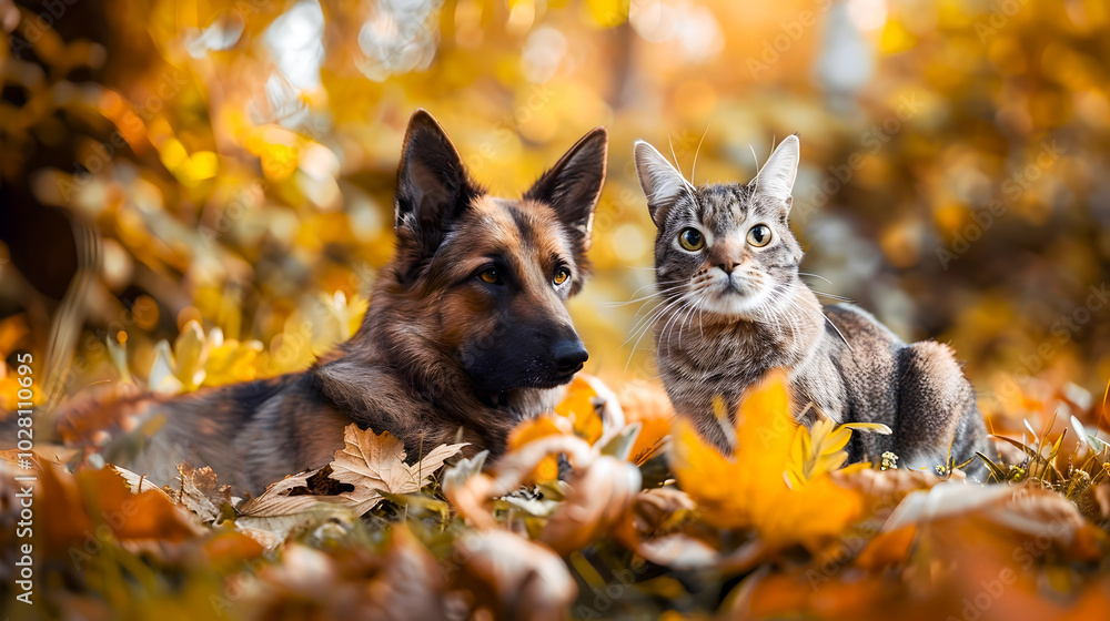 Curious Canine and Feline Companions Exploring the Vibrant Autumnal Landscape with a Rabbit Surrounded by Lush Foliage and Serene Forest Setting Curious Canine and Feline Companions Exploring the Vibrant Autumnal Landscape with a Rabbit Surrounded by Lush Foliage and Serene Forest Setting