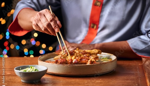 Faceless man eat Otak-Otak in restaurant with bokeh background. Malaysian Food.