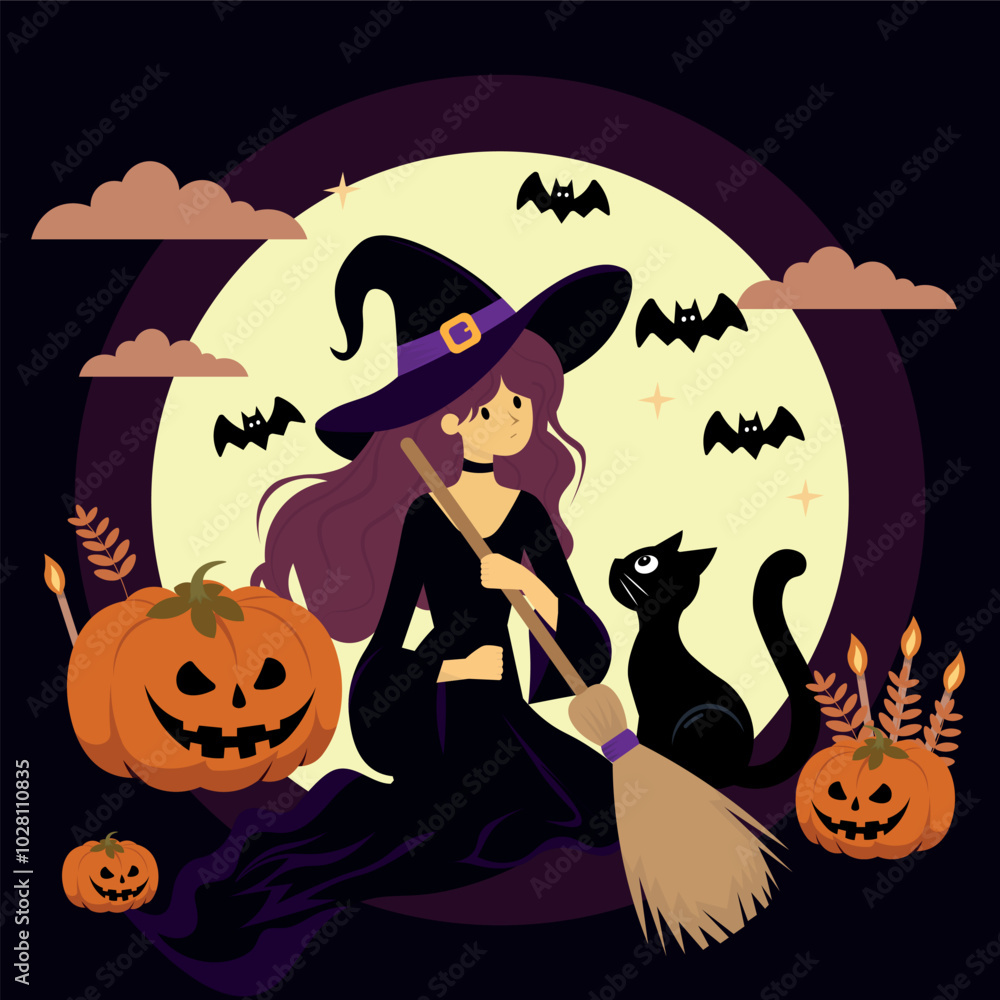 Fototapeta premium witch with black cat and pumpkin, halloween scene, with bats and moonlight