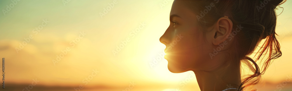 Serene Woman's Silhouette at Sunset, Peaceful Contemplation on the Beach Serene Woman's Silhouette at Sunset, Peaceful Contemplation on the Beach