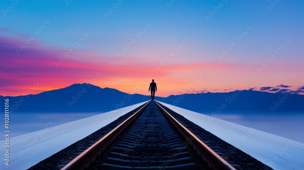 Φωτογραφία A solitary figure walks along a tranquil railway at sunset