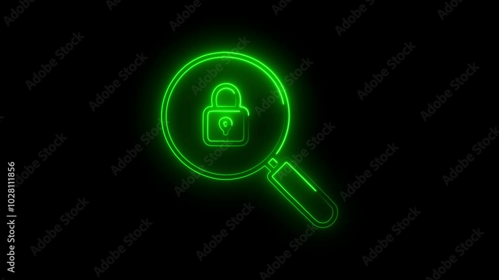 A glowing neon magnify glass with security lock icon animation. Magnifying glass with closed padlock icon neon concept. A glowing neon magnify glass with security lock icon animation. Magnifying glass with closed padlock icon neon concept.