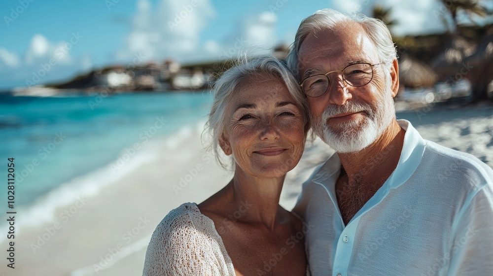 Fototapeta premium Smiling romantic senior couple in sunglasses at beach
