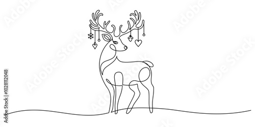 One continuous line drawing of christmas reindeer. Wild animal deer with antlers is dynamic silhouette in simple linear style. Elegance logo editable stroke. Doodle cute vector illustration