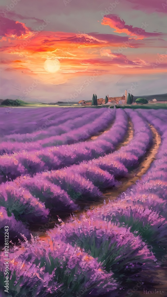 Original oil painting of lavender fields on canvas.Sunset landscape.Modern Impressionism Original oil painting of lavender fields on canvas.Sunset landscape.Modern Impressionism