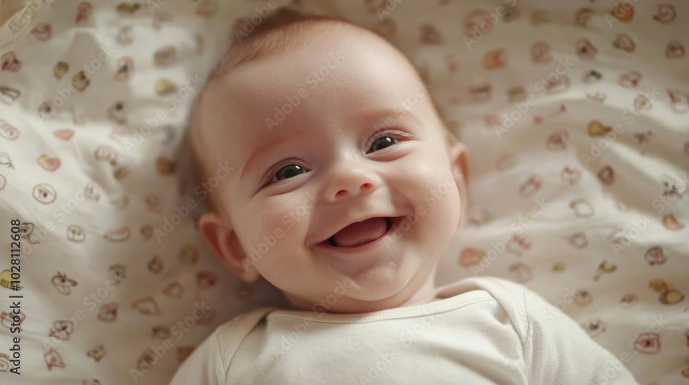Happy baby lying on a crib, smiling genuinely and looking up at the camera. The view is from above, capturing the baby's joyful expression as they lie comfortably on soft bedding.
Happy baby lying on a crib, smiling genuinely and looking up at the camera. The view is from above, capturing the baby's joyful expression as they lie comfortably on soft bedding.