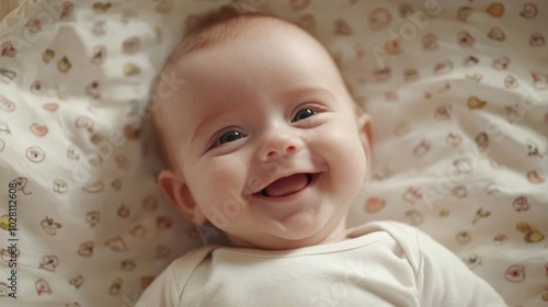 Happy baby lying on a crib, smiling genuinely and looking up at the camera. The view is from above, capturing the baby's joyful expression as they lie comfortably on soft bedding. 