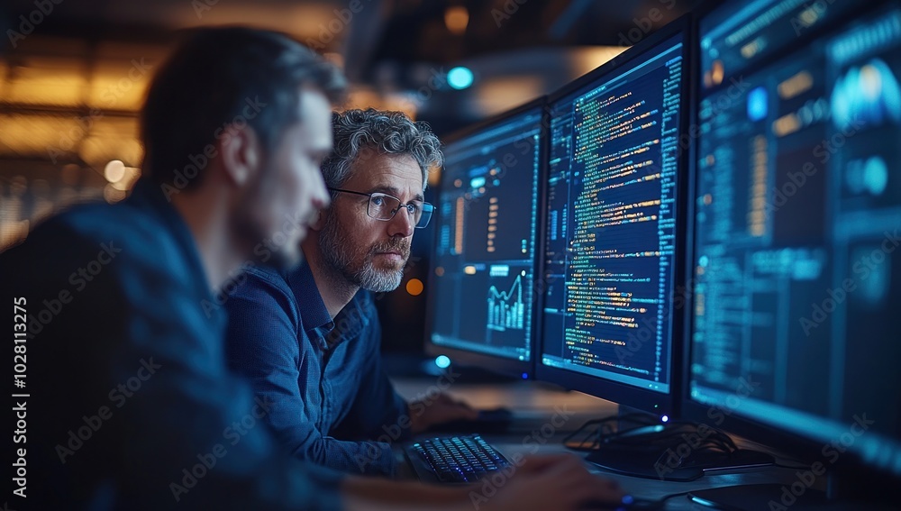 Programmers Working on a Project in a Dark Office Programmers Working on a Project in a Dark Office