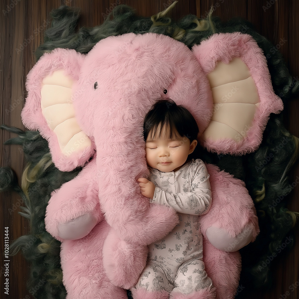 新生児とピンクの象のぬいぐるみ 新生児とピンクの象のぬいぐるみ