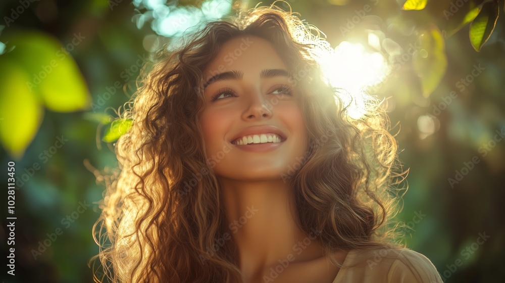 A beautiful woman with long curly hair smiles and looks up at the sun A beautiful woman with long curly hair smiles and looks up at the sun