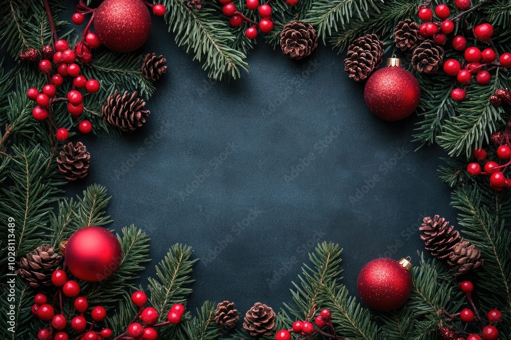 Christmas Eve concept. Top view photo of gift boxes with ribbon bows green red baubles gold star ornaments and pine branches Christmas Eve concept. Top view photo of gift boxes with ribbon bows green red baubles gold star ornaments and pine branches