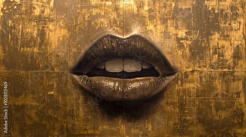 Golden lips isolated. Open mouth on a clean gold panel