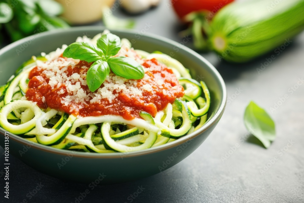 A bowl of zucchini noodles (zoodles) topped with tomato sauce and parmesan cheese A bowl of zucchini noodles (zoodles) topped with tomato sauce and parmesan cheese