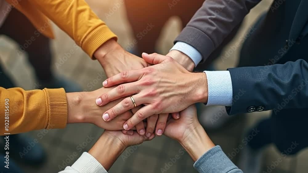 Concept of teamwork and collaboration. Holding hands in close-up top view symbolizes harmony and unity. Concept of teamwork and collaboration. Holding hands in close-up top view symbolizes harmony and unity.