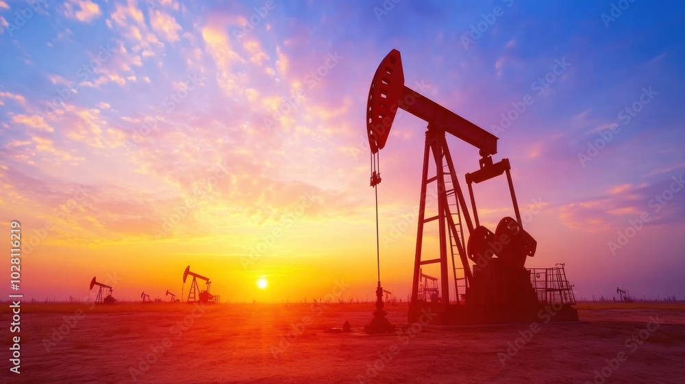 The oil pump jack moves rhythmically as the sun sets, painting the desert sky in hues of orange and purple, symbolizing energy extraction The oil pump jack moves rhythmically as the sun sets, painting the desert sky in hues of orange and purple, symbolizing energy extraction
