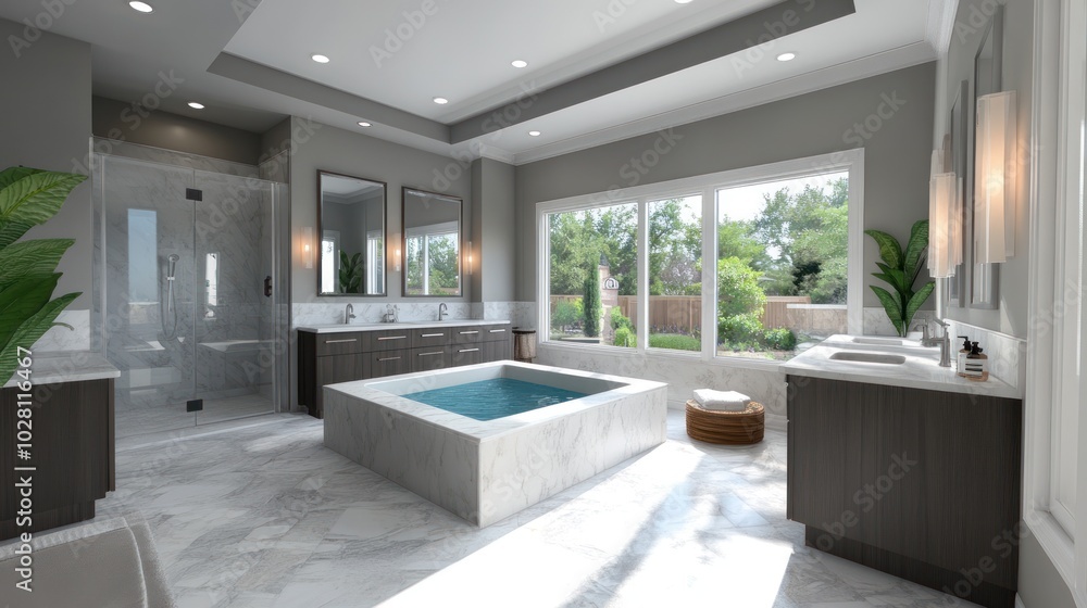 Luxurious master bathroom, depicting a spacious master suite with dual vanities, a large soaking tub, and premium finishes, offering ultimate relaxation and style. Luxurious master bathroom, depicting a spacious master suite with dual vanities, a large soaking tub, and premium finishes, offering ultimate relaxation and style.