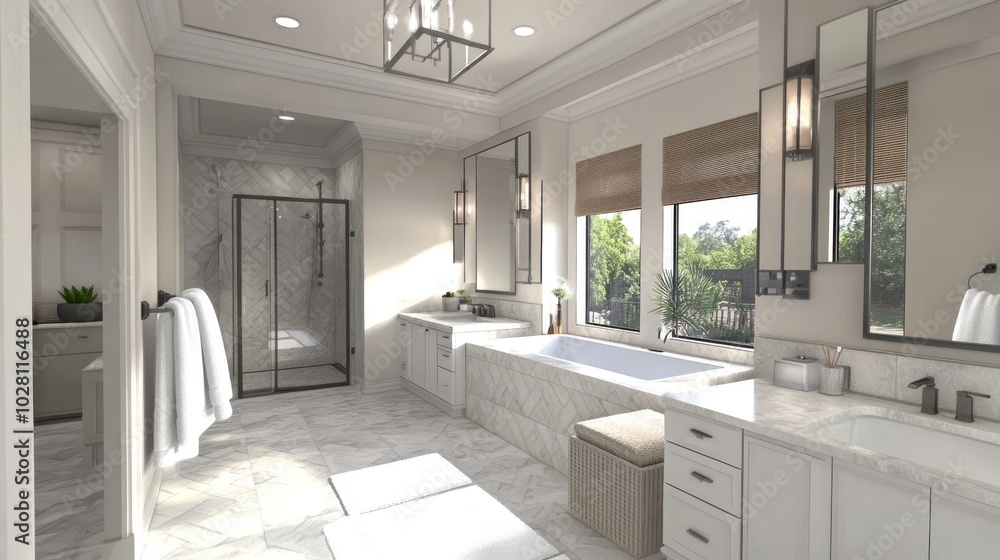 Luxurious master bathroom, depicting a spacious master suite with dual vanities, a large soaking tub, and premium finishes, offering ultimate relaxation and style. Luxurious master bathroom, depicting a spacious master suite with dual vanities, a large soaking tub, and premium finishes, offering ultimate relaxation and style.