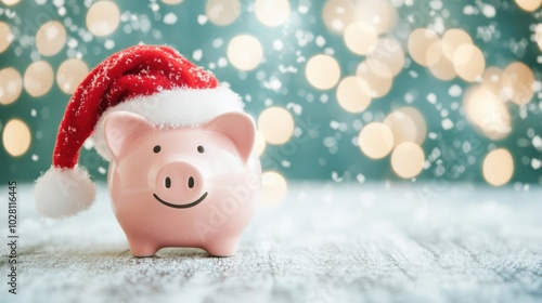 A cheerful piggy bank dressed in a Santa hat sits against a twinkling background, symbolizing holiday savings and festive cheer