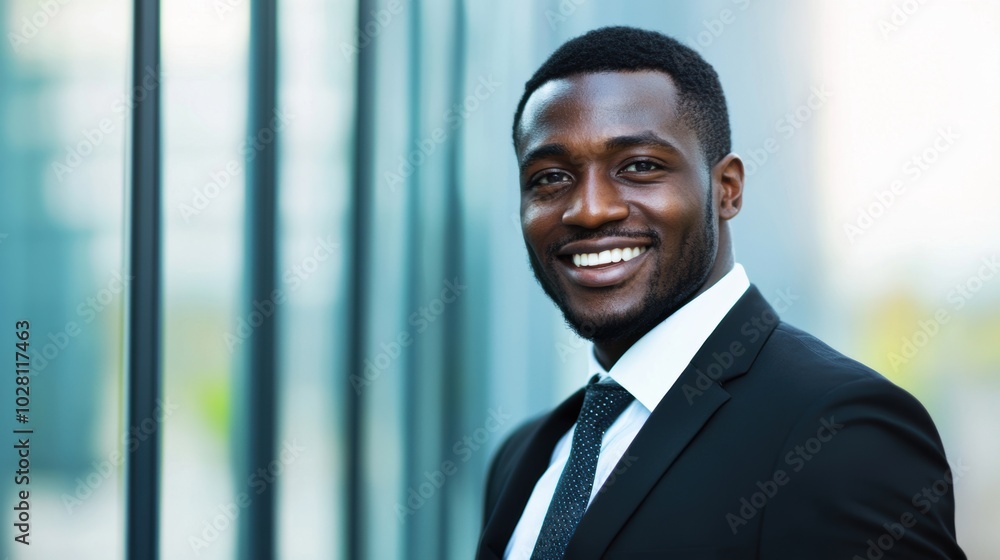 A businessman dressed in a suit smiles cheerfully, enjoying the urban atmosphere surrounded by contemporary architecture