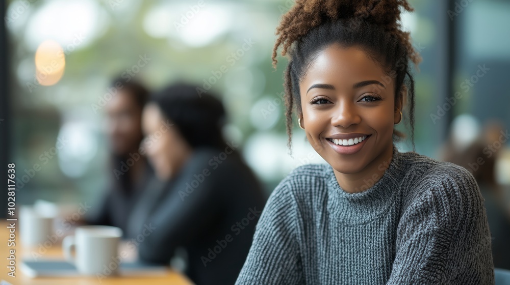 A photo of a happy African American woman in a grey sweater sitting at a table with two other people talking and smiling, in a modern office background A photo of a happy African American woman in a grey sweater sitting at a table with two other people talking and smiling, in a modern office background