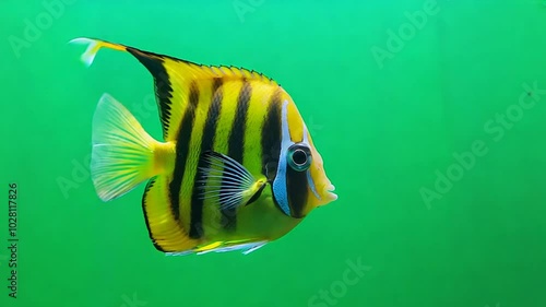 Striped Angelfish: A vibrant yellow and black striped angelfish swims gracefully against a vibrant green backdrop. The fish's intricate markings and elegant fins create a mesmerizing underwater scene.