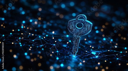 Privacy Data Security A massive digital key floating above a sea of personal data points, symbolizing the importance of encryption in protecting user privacy