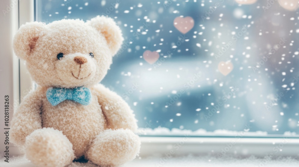 A soft teddy bear sits by a window, watching snowflakes flutter down on a peaceful winter day filled with wonder A soft teddy bear sits by a window, watching snowflakes flutter down on a peaceful winter day filled with wonder