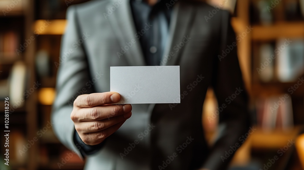 Businessman holding a blank business card in a close up photo, with the businessman in a suit showing a white empty paper for a design mockup on an office background Businessman holding a blank business card in a close up photo, with the businessman in a suit showing a white empty paper for a design mockup on an office background