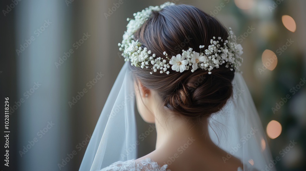 bride with dark hair in an updo hairstyle wearing a white flower tiara and veil, shot from behind bride with dark hair in an updo hairstyle wearing a white flower tiara and veil, shot from behind