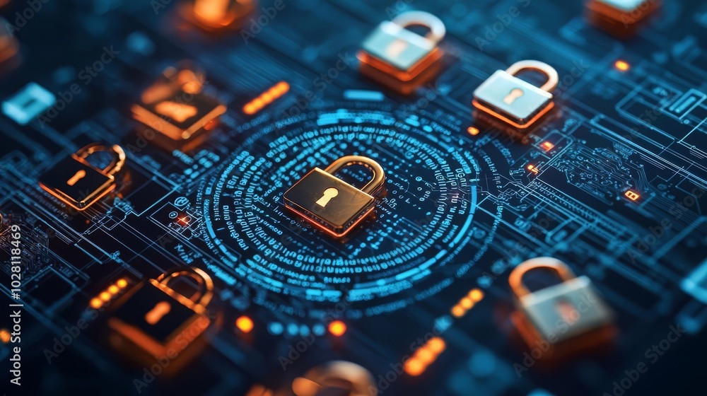 Privacy Data Security A user profile surrounded by padlocks, privacy settings, and encrypted code, representing how personal identity is protected online Privacy Data Security A user profile surrounded by padlocks, privacy settings, and encrypted code, representing how personal identity is protected online