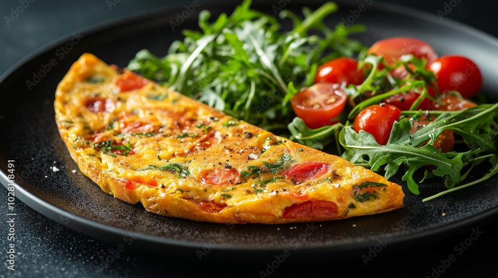 Frittata with vegetables, cherry tomatoes and arugula on a dark plate Frittata with vegetables, cherry tomatoes and arugula on a dark plate