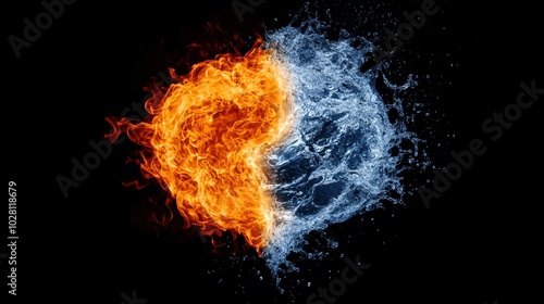 A striking yin-yang symbol made of fire and water elements, representing the balance between opposing forces, heat and cold.