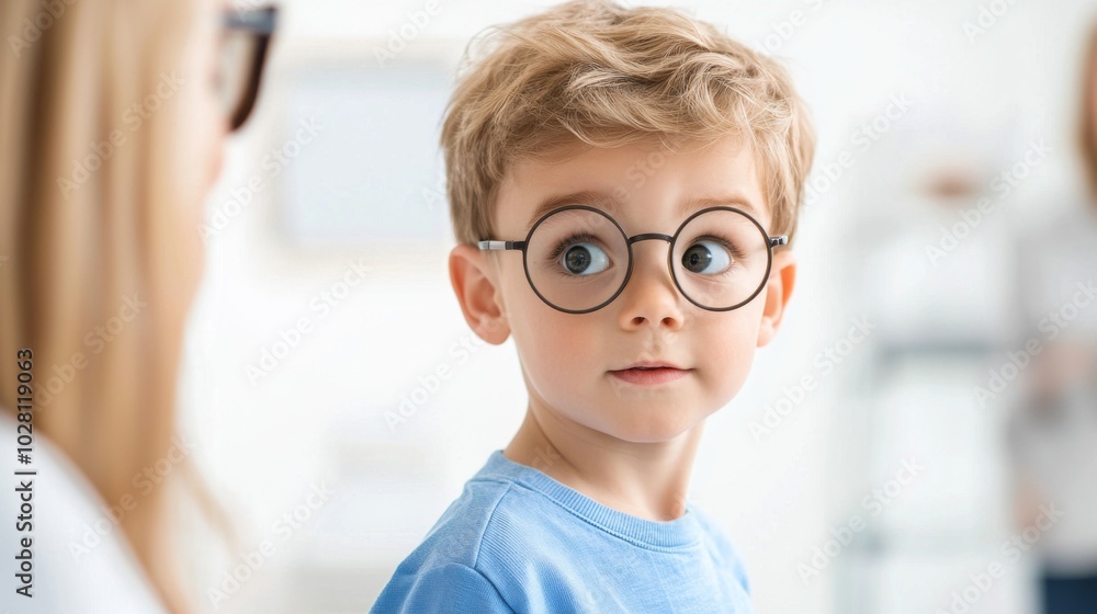 italian boy which are 6 years old with round glasses and blue shirt walks down the aisle in hospital with his mom and dad. italian boy which are 6 years old with round glasses and blue shirt walks down the aisle in hospital with his mom and dad.