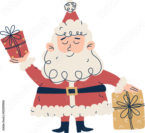 Cartoon Santa Claus in festive attire spreading joy with gift box on his hand