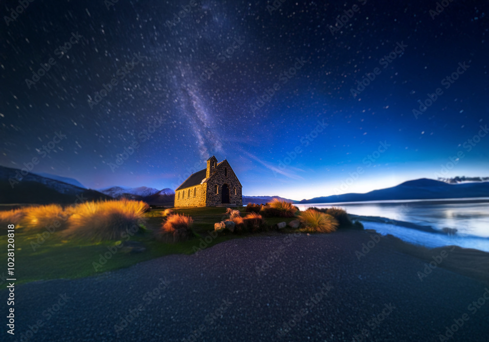 Stone church with a bell tower sits on grassy hill, lit by the glow of star trails in a dark blue sky. Stone church with a bell tower sits on grassy hill, lit by the glow of star trails in a dark blue sky.