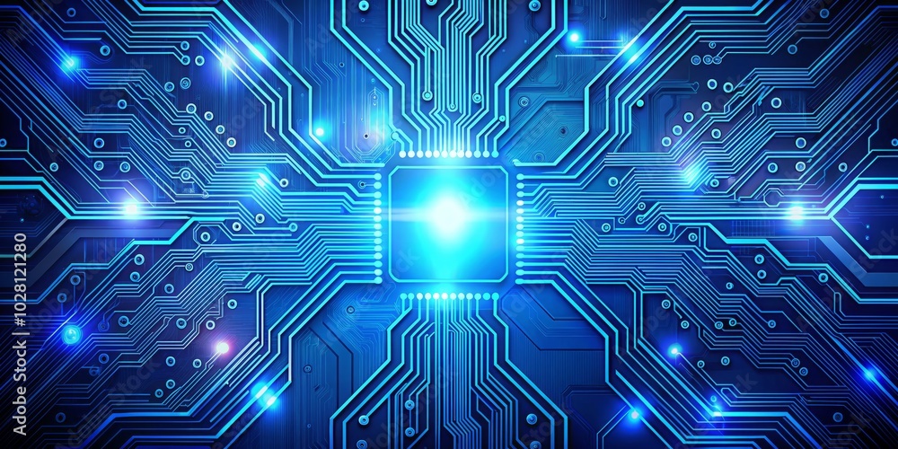 Abstract Circuit Board on Blue Background - Futuristic Digital Technology and Engineering Concept for Wide Communication and Banner Presentation Abstract Circuit Board on Blue Background - Futuristic Digital Technology and Engineering Concept for Wide Communication and Banner Presentation
