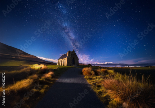 A stone chapel stands beneath a starry sky, with the Milky Way visible above.