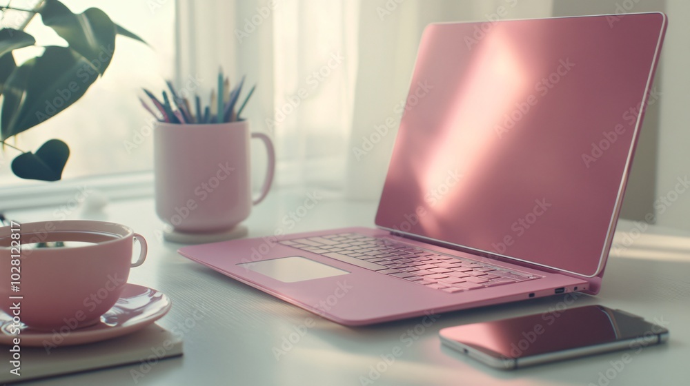 A pink laptop with a cup of tea and a phone on a white table. A pink laptop with a cup of tea and a phone on a white table.