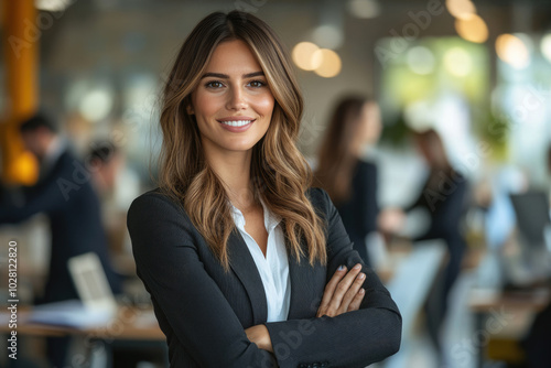 A young woman in the office, smiling at the camera